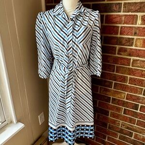 Elegant Blue White Striped Long Sleeve Shirt Dress 1960s 1970s Vintage Work Wear